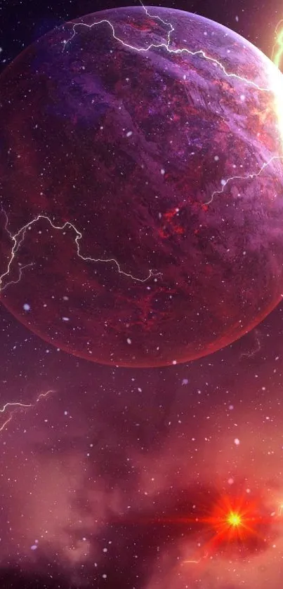 A vibrant planet with electric streaks in a purple cosmic background.