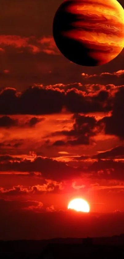 Planet and sunset in vivid red sky, mobile wallpaper.