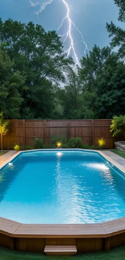 Lightning strikes above a backyard pool at night.