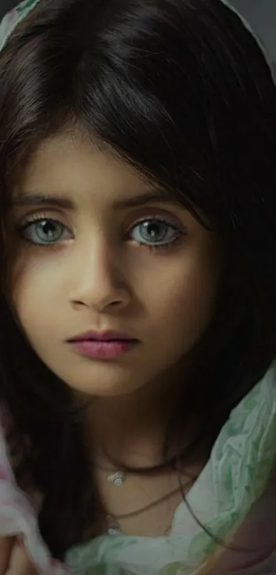 Portrait wallpaper of a young girl with blue eyes.