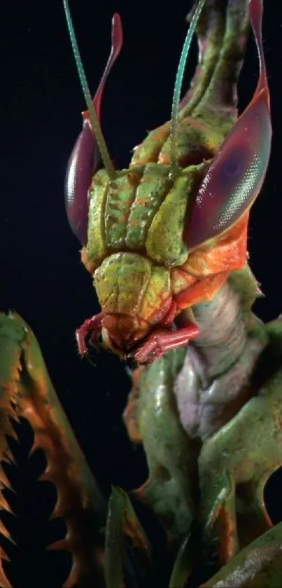 Close-up of a vibrant green praying mantis on a dark background.