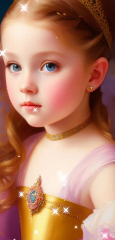 Young princess portrait with sparkles and gold dress on a purple background.