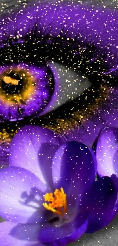 Purple eye and flower close-up wallpaper.