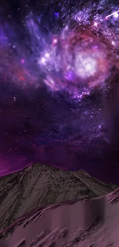 Purple galaxy over snowy mountains wallpaper.