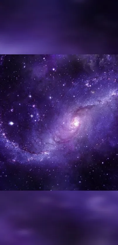 Purple galaxy wallpaper with swirling stars in cosmic theme.