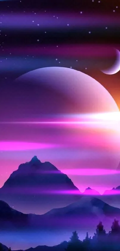 Purple galaxy wallpaper with mountains and stars.