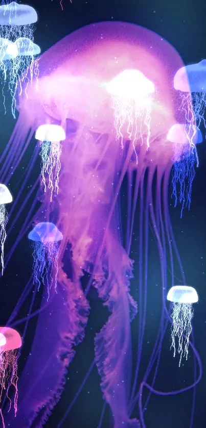 Purple jellyfish glows in the dark ocean background, perfect for phone wallpaper.