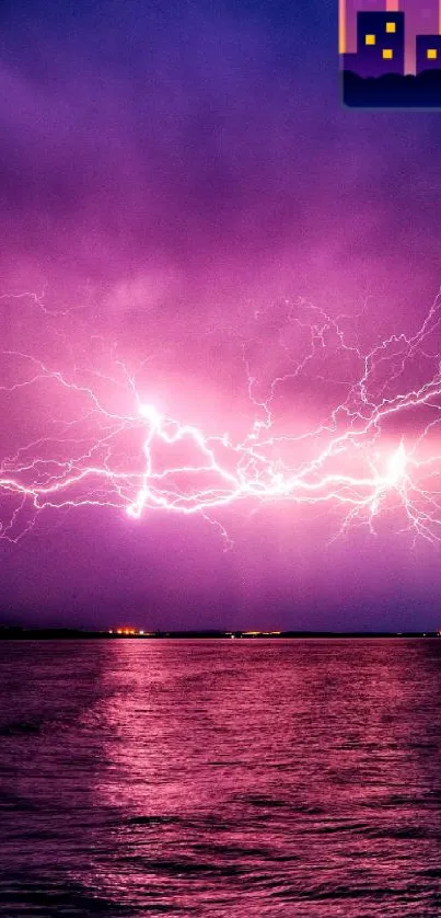 Purple lightning illuminates sky and water.