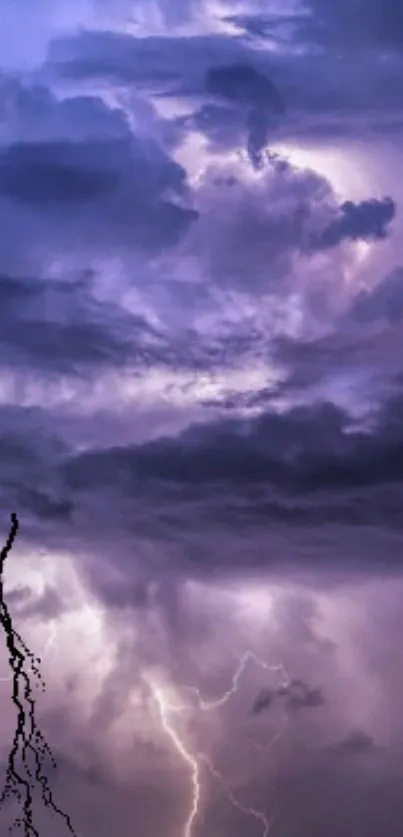 Vivid purple sky with dramatic clouds and lightning.