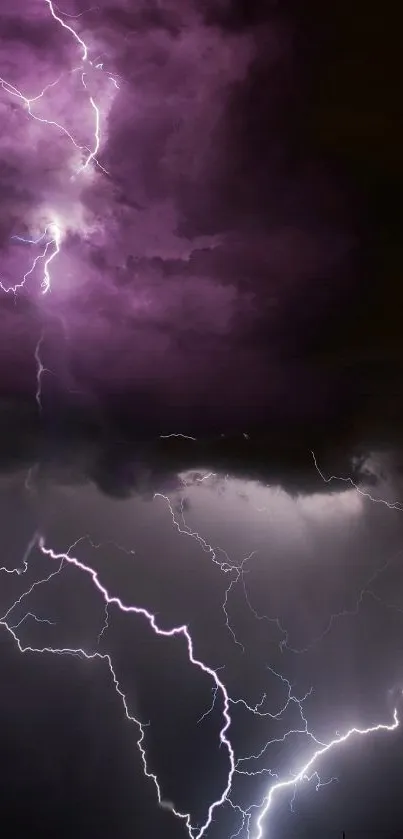 Dramatic purple lightning storm mobile wallpaper with dark clouds.