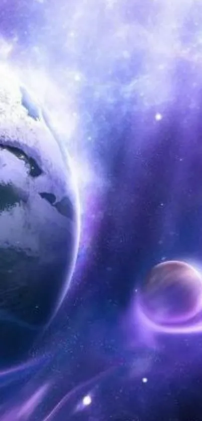 Purple space wallpaper with planets and stars.