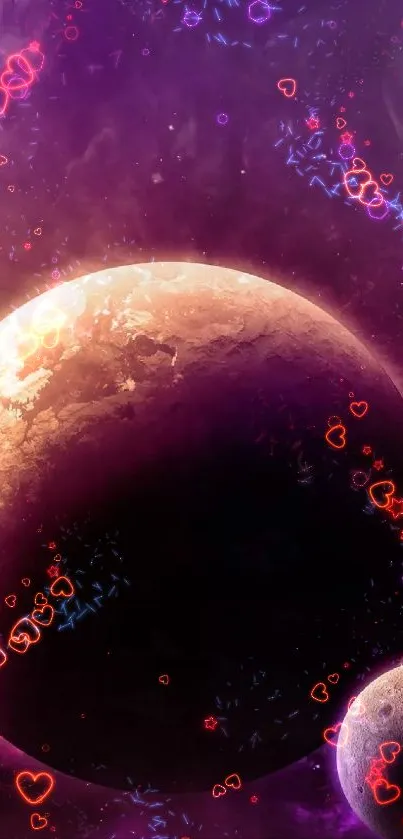 Purple space wallpaper with planets and cosmic background.