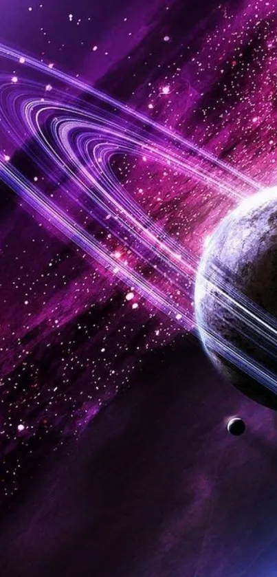 Purple space wallpaper with a planet and rings.