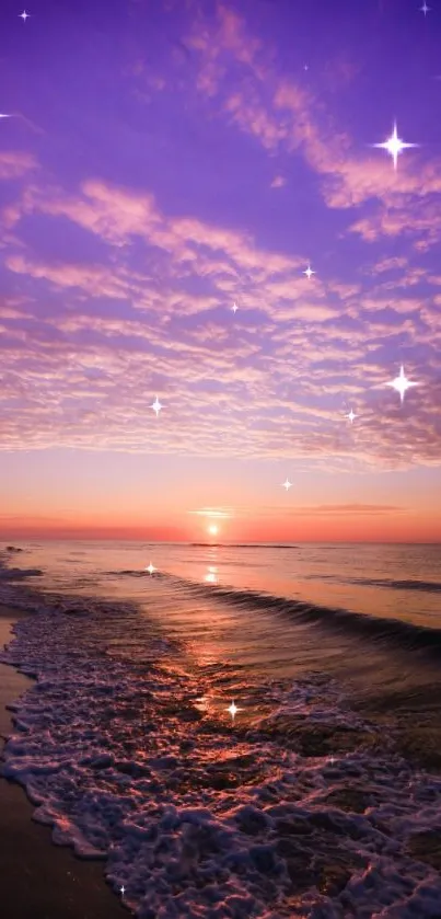 Purple sunset over a calm ocean with stars on a beach.