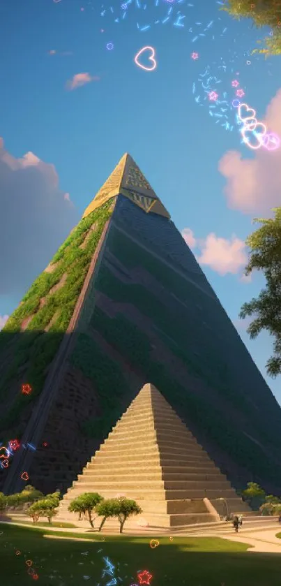 Pyramid amidst green scenery under a blue sky, capturing nature and architecture.