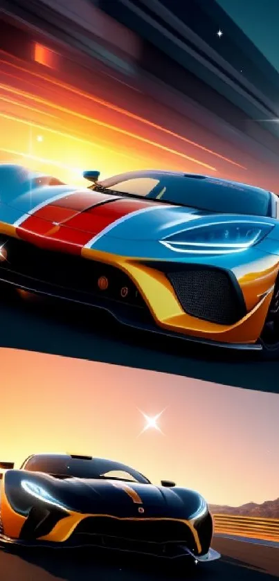 Sleek racing car on track at sunset, showcasing speed and vibrant colors.