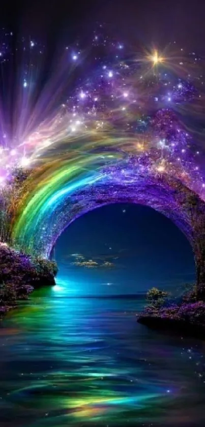 Mobile wallpaper of a colorful rainbow arch and starry night sky.