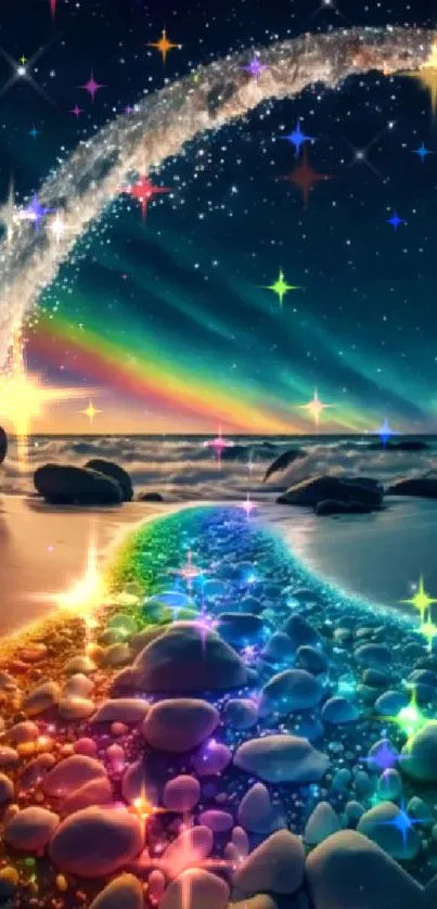 Stunning night sky over rainbow stones on a beach, beneath a starry arch.