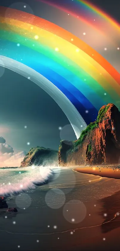 Stunning wallpaper of a rainbow over a tranquil beach at sunset.