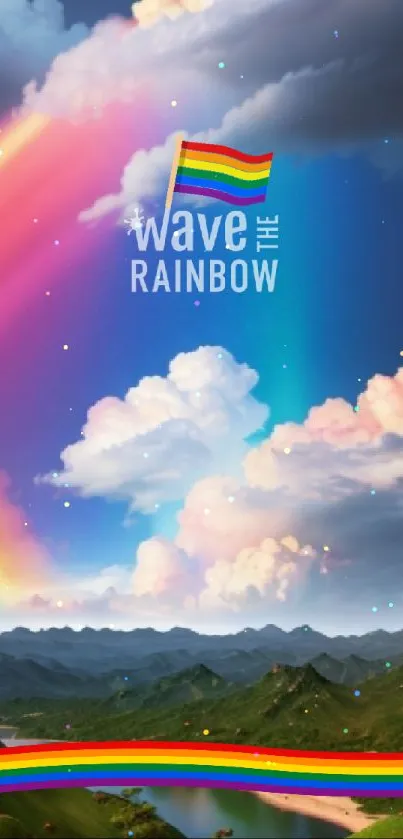 Vibrant rainbow over lush landscape with bright clouds and mountains.