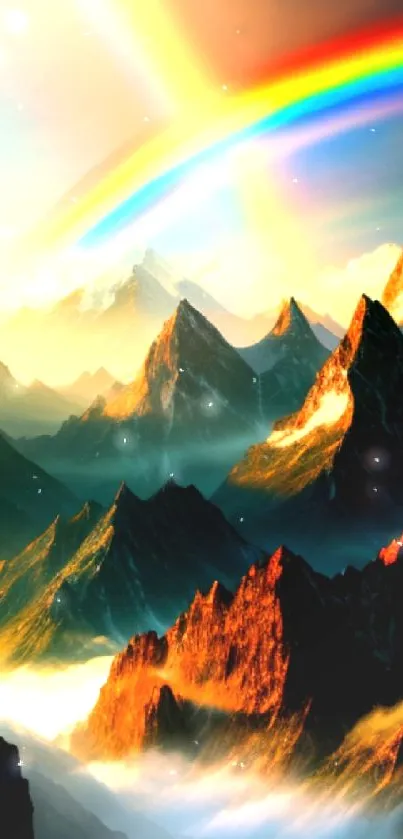Colorful mountain scene with a vibrant rainbow.