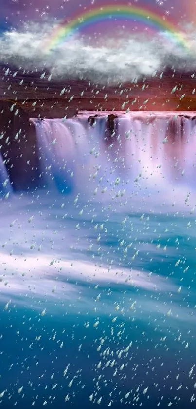 Vibrant waterfall with rainbow and sunset sky.