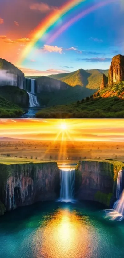 Colorful rainbow over cascading waterfalls in a serene landscape wallpaper.