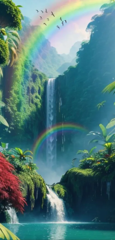 Double rainbow over lush waterfall and tropical greenery.