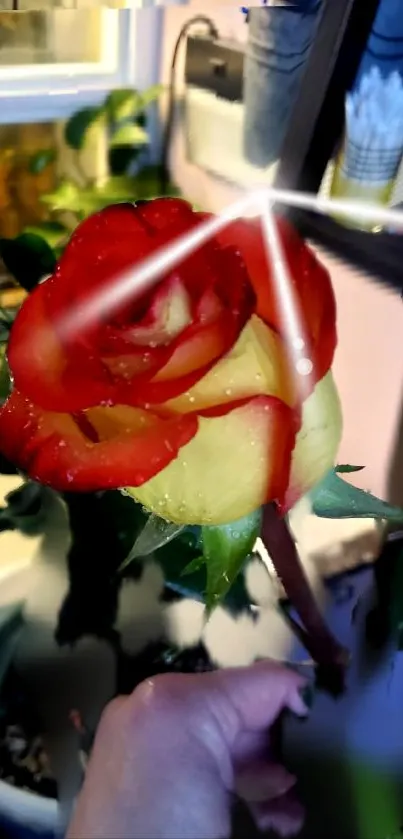 Close-up of a red and yellow rose in a vibrant setting.