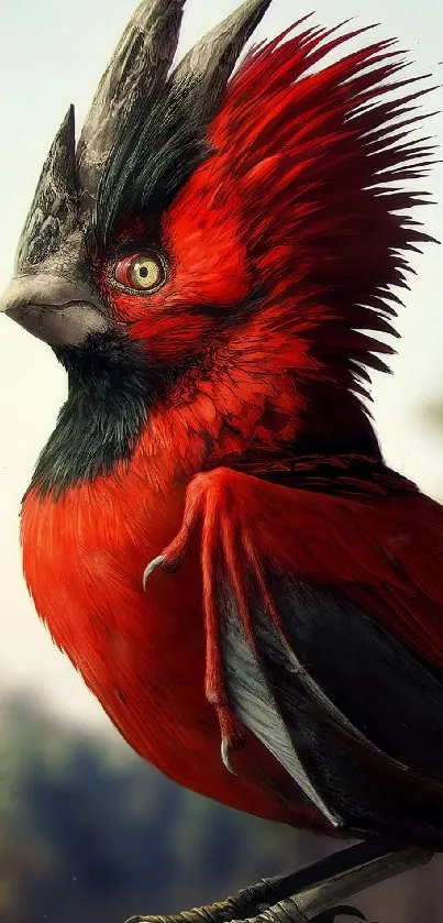 Close-up of a vibrant red bird with striking feathers perched outdoors.