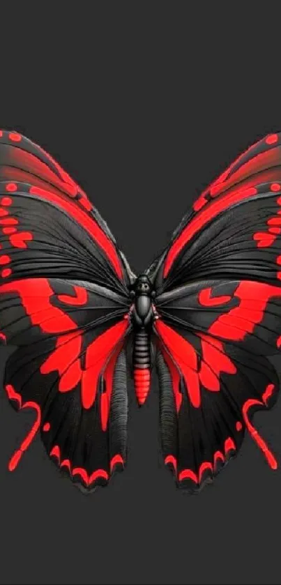 Red and black butterfly art on dark background.