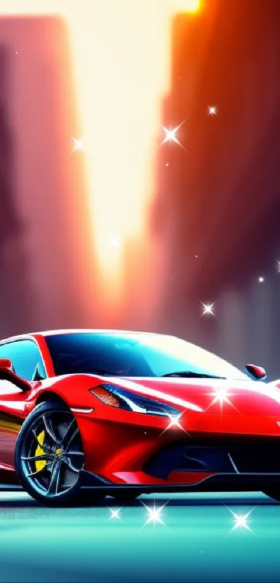 Red sports car under urban sunset glow, sleek and stylish.