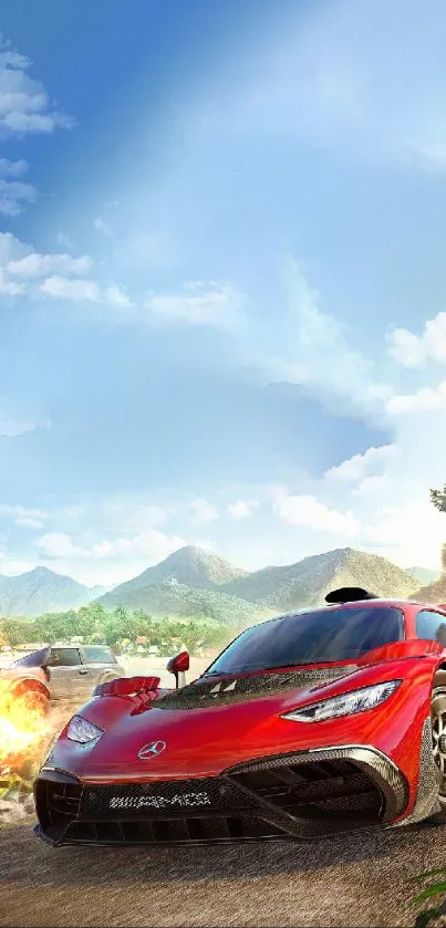 Red sports car on a scenic beach road with mountains and blue sky.