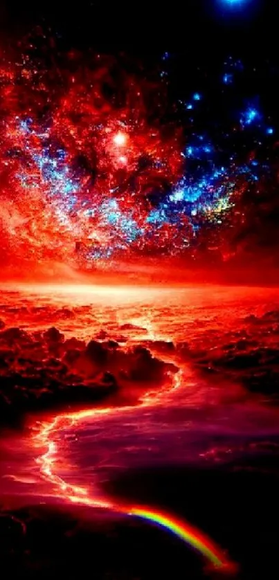 Red cosmic landscape with galaxy and vibrant light.