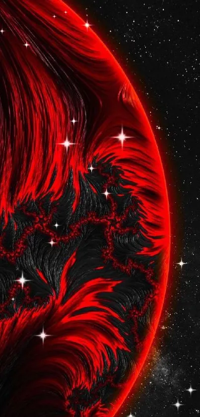 Vibrant red cosmic swirls with stars on a black background.