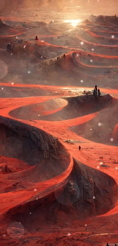 Red desert landscape with winding dunes and a sunlit horizon view.