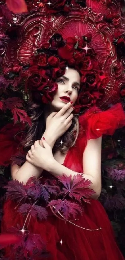 Woman in red dress surrounded by lush floral headpiece, exuding elegance.