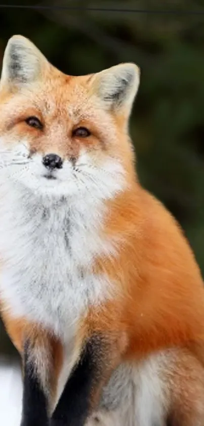 Vivid orange red fox sitting against green forest background.