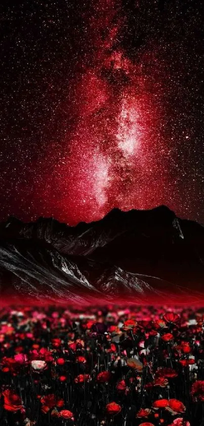 Red galaxy night sky with flowers and mountains in wallpaper.