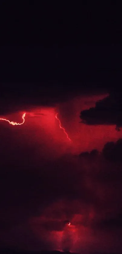 Vivid red lightning bolts illuminate a dark stormy sky.