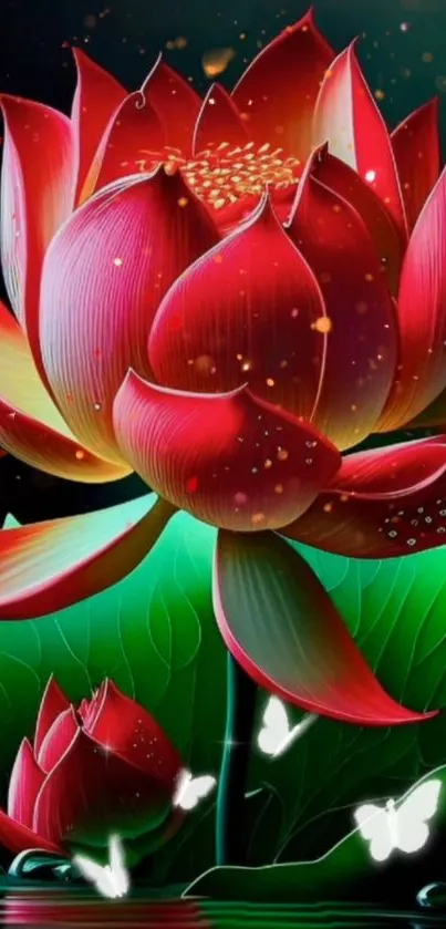 Red lotus wallpaper with green leaves and white butterflies.