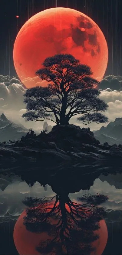 Digital art of a red moon lighting a tree silhouette.