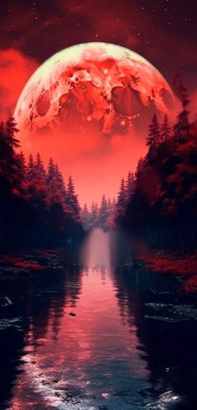 Crimson moon over forest and serene river landscape.