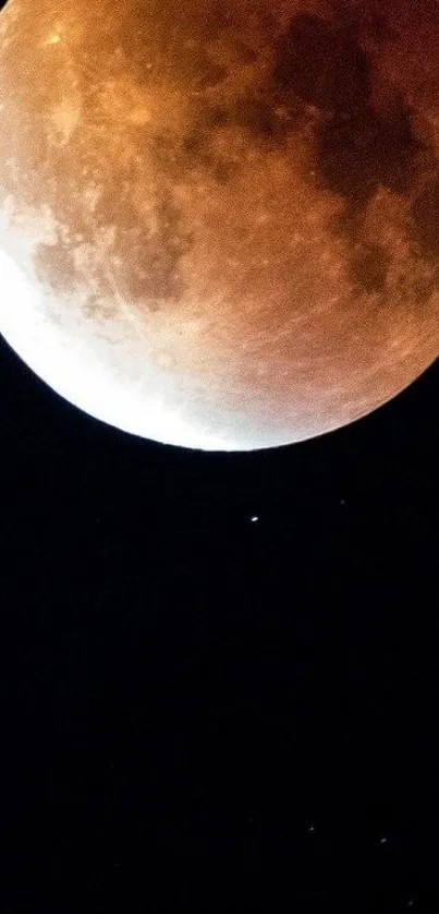 Red lunar eclipse against a starry black sky.