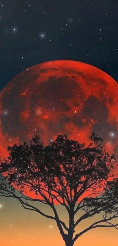 Mobile wallpaper with red moon and silhouetted tree against a twilight sky.