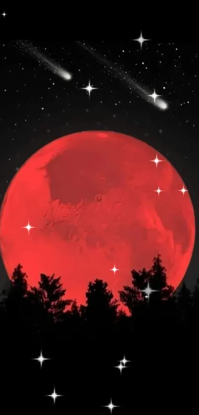 Red moon in starry night sky with dark forest silhouette.