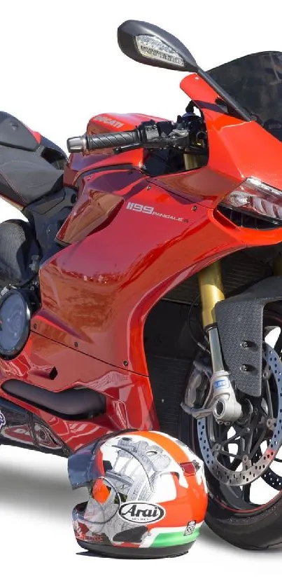 Dynamic red motorcycle with helmet on white background.