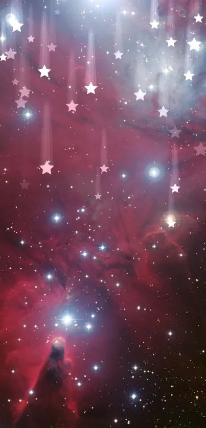 Red nebula with stars in deep space, vibrant cosmic dust and stellar formations.