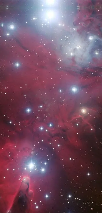 Red nebula with stars filling the cosmos.