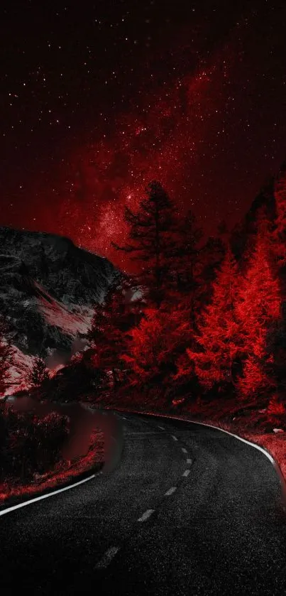 Red forest road under starry sky at night wallpaper.